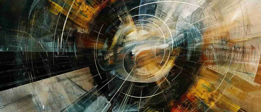 Vortice astratto di luce dorata e graffi scuri su fondo nero