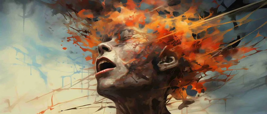 Volto reclinato all’indietro che si dissolve in schizzi arancioni e grigi