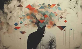 Figura in camicia senza testa, sostituita da losanghe geometriche che salgono verso l’alto