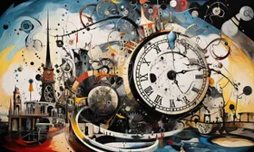 Collage surreale di orologi, ingranaggi e guglie in azzurro, rosso e avorio