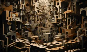 Labirinto monocromo di scale impossibili, blocchi e orologi