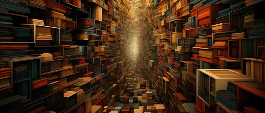 Corridoio infinito di scaffali di libri che converge verso una luce lontana