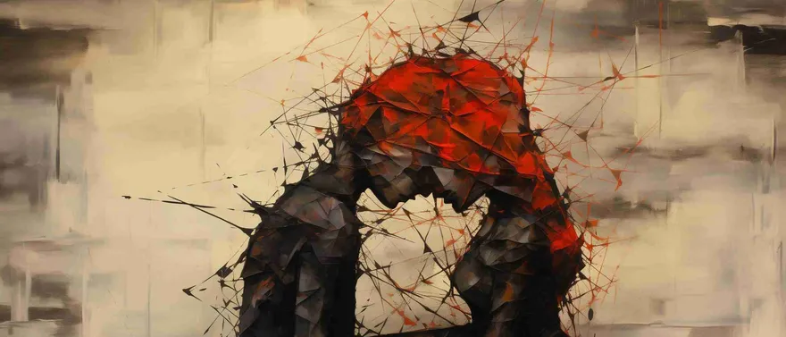 Figura scura raggomitolata su fondo grigio nebbioso, con sottili linee rosse