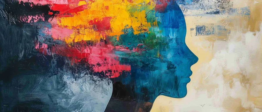 Profilo di testa riempito da pennellate spesse rosse, gialle e blu